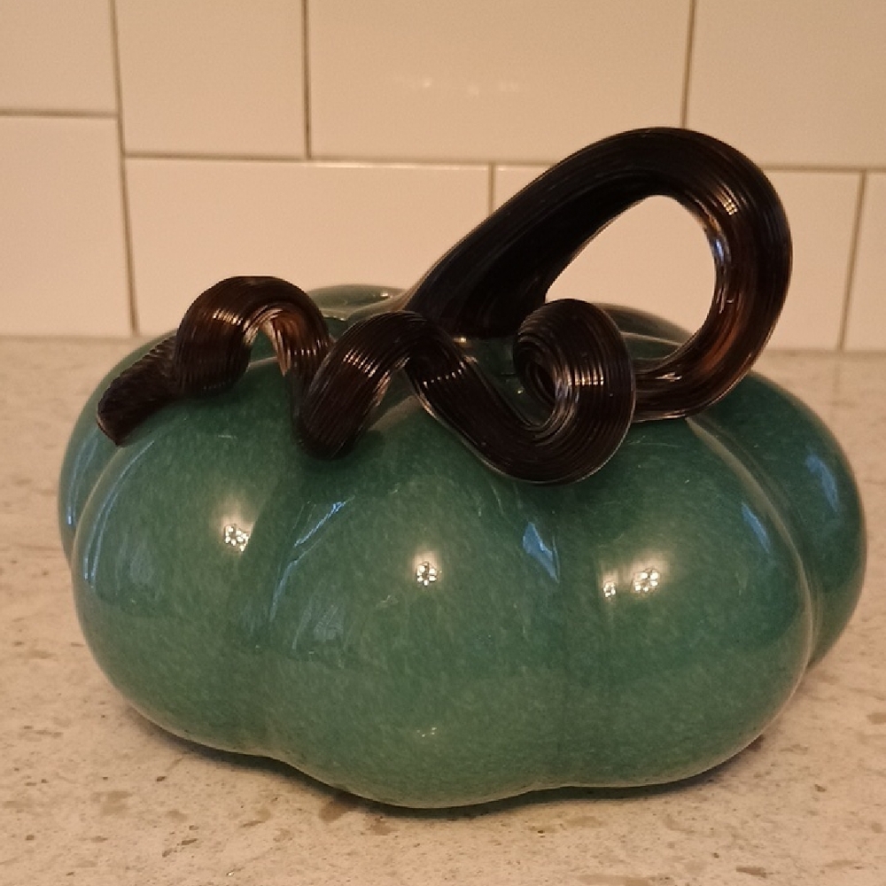 Dusty Blue Blown Glass Pumpkin With Brown Curly Stem
